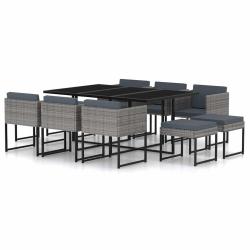 Ensemble &agrave; manger avec coussins, 11 pi&egrave;ces, r&eacute;sine tress&eacute;e grise, pour la terrasse