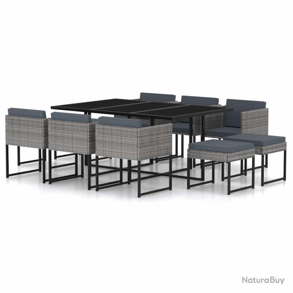 Ensemble � manger avec coussins, 11 pi�ces, r�sine tress�e grise, pour la terrasse