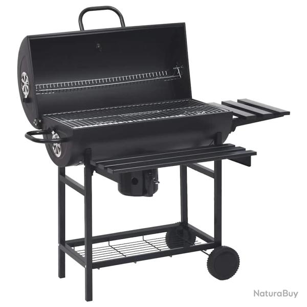 Gril � baril avec roues et �tag�res Noir Acier 115x85x95 cm