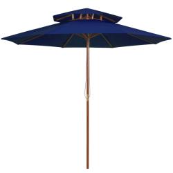 Parasol &agrave; deux &eacute;tages avec m&acirc;t en bois bleu 270 cm