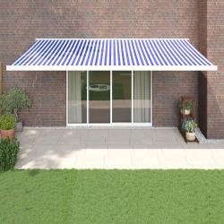 Auvent r&eacute;tractable bleu et blanc en tissu et aluminium pour la terrasse, 5 &times; 3 m