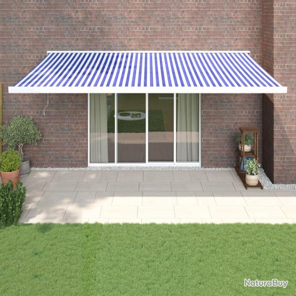 Auvent r�tractable bleu et blanc en tissu et aluminium pour la terrasse, 5 � 3 m