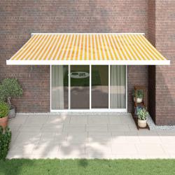 Auvent r&eacute;tractable jaune et blanc en tissu et aluminium pour la terrasse, 4,5 &times; 3 m