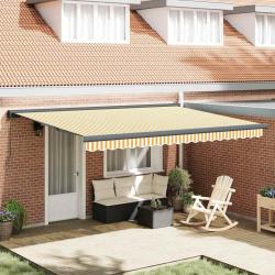 Auvent r&eacute;tractable jaune et blanc en tissu et aluminium pour la terrasse, 4 &times; 3 m
