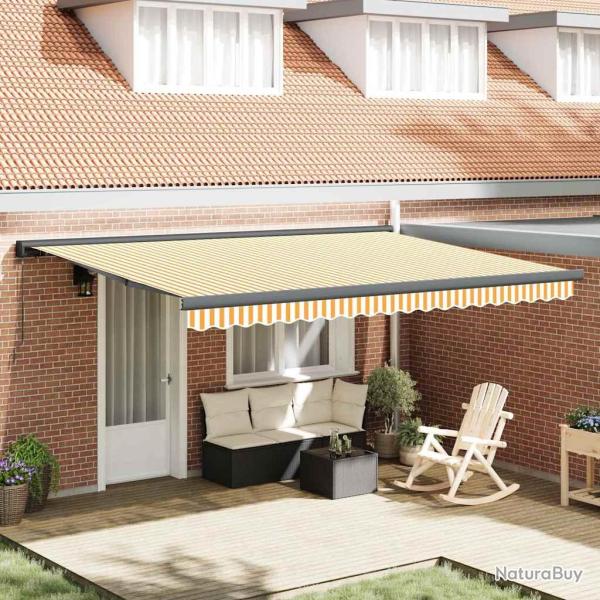 Auvent r�tractable jaune et blanc en tissu et aluminium pour la terrasse, 4 � 3 m