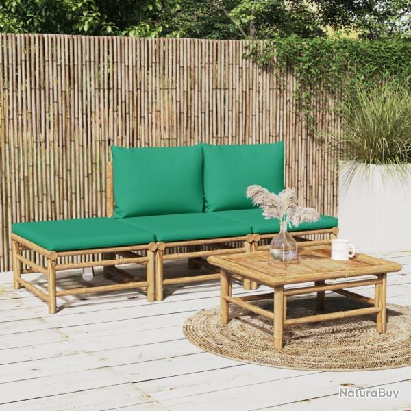 Salon 4 pi�ces avec coussins verts, en bambou