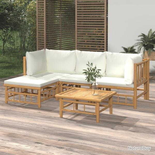 Salon 5 pi�ces avec coussins blanc cr�me, en bambou