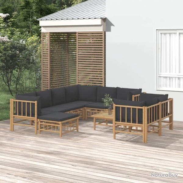 Salon de 10 pi�ces avec coussins, gris fonc�, bambou
