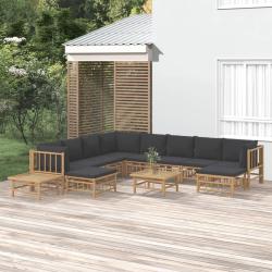 Salon de 12 pi&egrave;ces avec coussins gris fonc&eacute;, en bambou