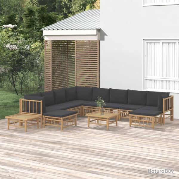 Salon de 12 pi�ces avec coussins gris fonc�, en bambou