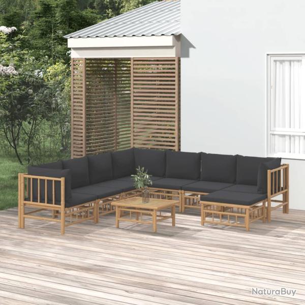 Salon 9 pi�ces avec coussins gris fonc�, en bambou