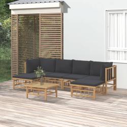 Salon de 7 pi&egrave;ces avec coussins, en bambou gris fonc&eacute;