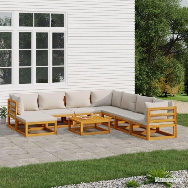 Salon de 9 pcs avec coussins gris clair bois massif