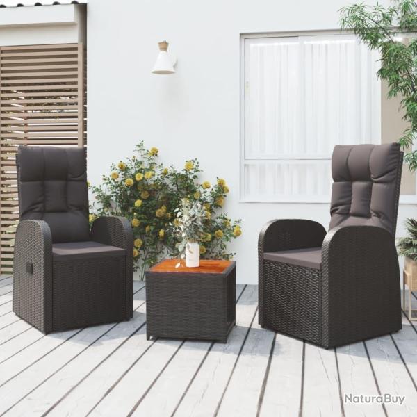 Ensemble de salon de 3 pcs noir poly rotin et acacia