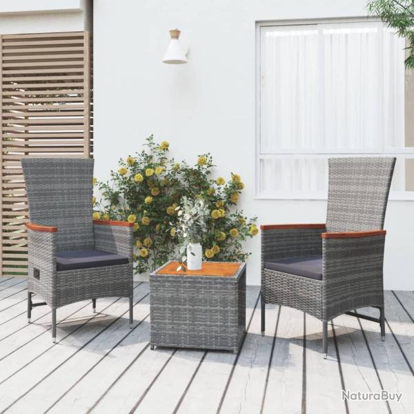 Ensemble de salon de 3 pcs gris poly rotin et acacia