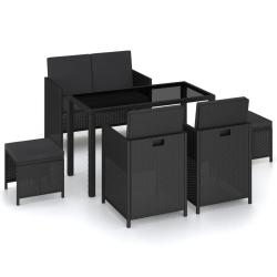 Mobilier &agrave; d&icirc;ner de 6pcs et coussins R&eacute;sine tress&eacute;e Noir