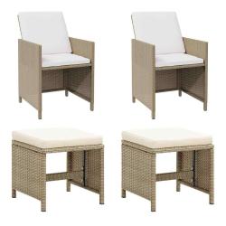 Chaises avec tabourets, lot de 2, beiges, en r&eacute;sine tress&eacute;e, pour le jardin