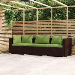 Canap&eacute; 3 places avec coussins, en r&eacute;sine tress&eacute;e marron, pour le jardin