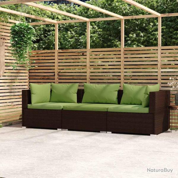 Canap� 3 places avec coussins, en r�sine tress�e marron, pour le jardin