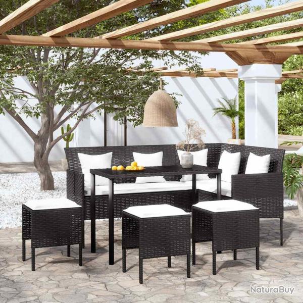Ensemble de canap�s en L 5pcs avec coussins r�sine tress�e noir