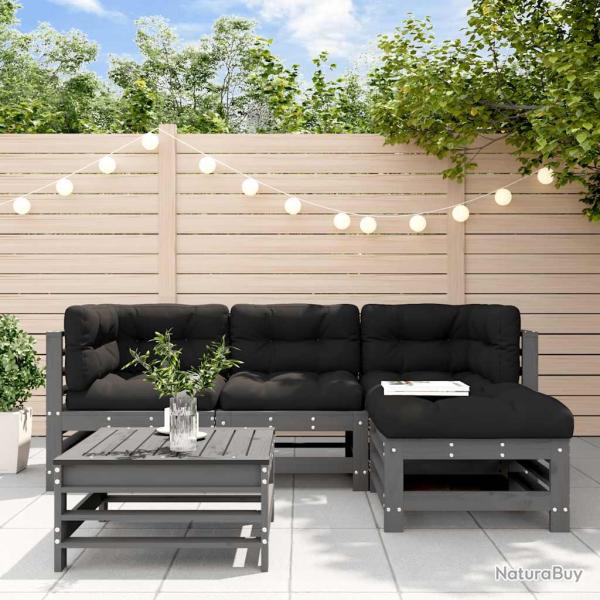 Salon de 5 pcs avec coussins gris bois massif