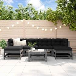 Salon de 7 pcs avec coussins gris bois massif