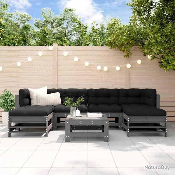 Salon de 7 pcs avec coussins gris bois massif