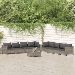 Salon de 9 pcs avec coussins Gris R&eacute;sine tress&eacute;e