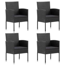 Chaises avec coussins noirs, 4 pi&egrave;ces, en r&eacute;sine tress&eacute;e noire
