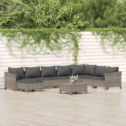 Salon de 9 pcs avec coussins Gris R&eacute;sine tress&eacute;e