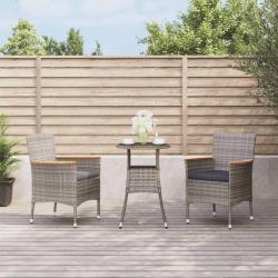 Ensemble de bistro, 3 pi&egrave;ces, avec coussins gris, en poly rotin, pour le jardin