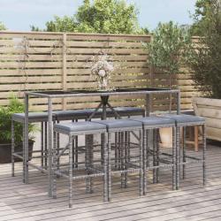 Ensemble de bar de 9 pcs avec coussins gris poly rotin