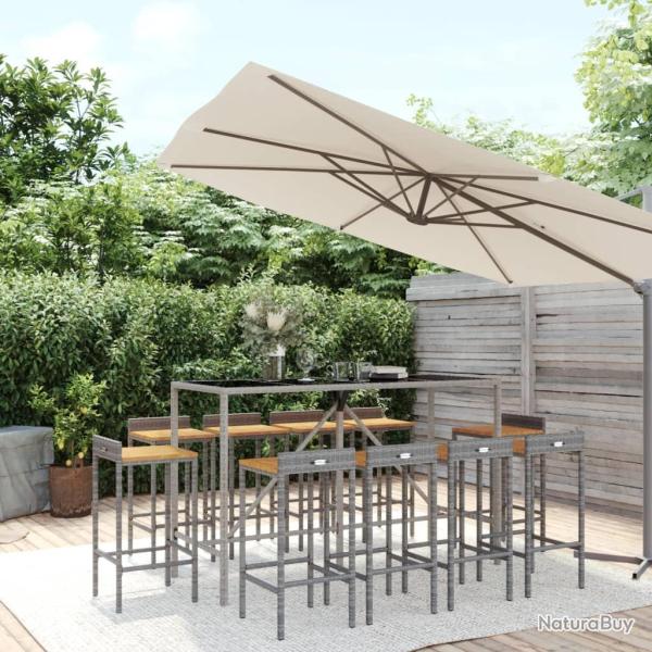 Ensemble de bar 11pcs gris poly rotin/bois massif acacia
