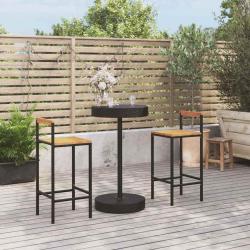 Ensemble de bar, 3 pi&egrave;ces, noir, en poly rotin et bois massif d'acacia