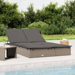Chaise longue &agrave; 2 places avec coussins gris r&eacute;sine tress&eacute;e