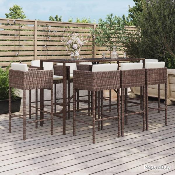 Ensemble de bar de 9 pcs avec coussins marron poly rotin