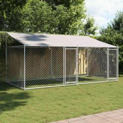 Cage pour chien avec toit et portes gris 4x2x2m acier galvanis&eacute;