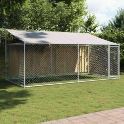 Cage pour chien avec toit et porte gris 4x2x2 m acier galvanis&eacute;