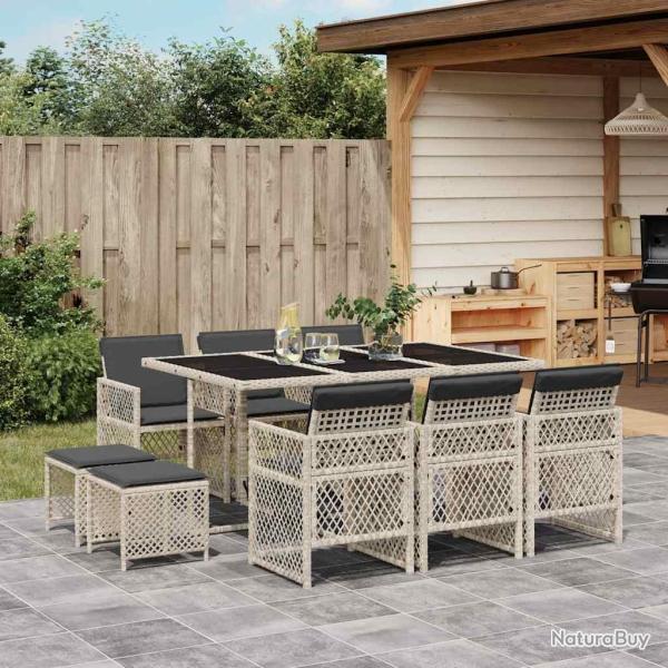 Ensemble � manger de 11pcs avec coussins gris poly rotin