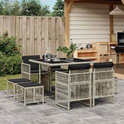 Ensemble &agrave; manger de et coussins 9 pcs gris clair rotin