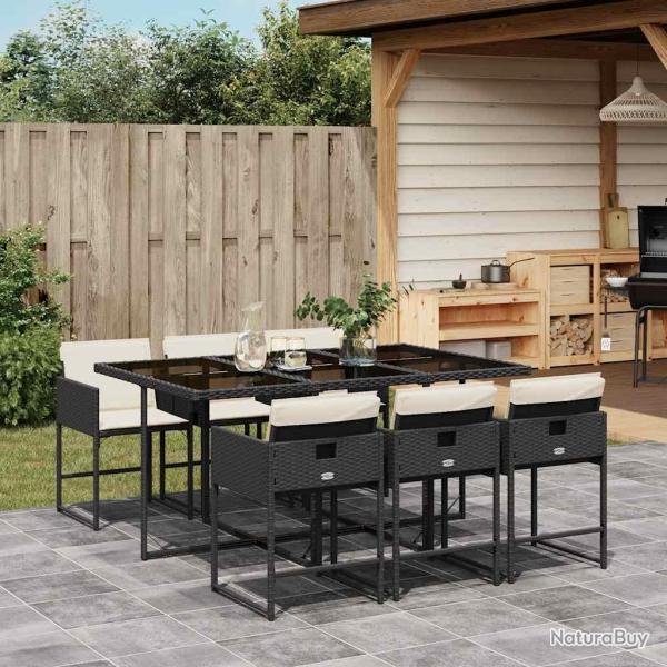Ensemble de salle � manger avec coussins, 7 pi�ces, r�sine tress�e, noir