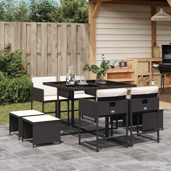 Ensemble de repas 9 pi�ces avec coussins noirs, en r�sine tress�e, pour la salle � manger