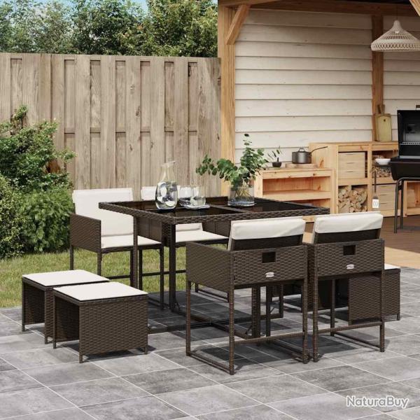 Ensemble � manger avec coussins, 9 pi�ces, en poly rotin, marron, pour la cuisine