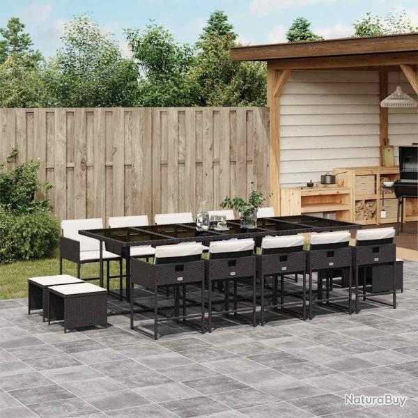 Ensemble � manger, 15 pi�ces, avec coussins noirs, en r�sine tress�e, pour le jardin