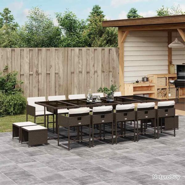 Ensemble de repas 15 pi�ces avec coussins marron, en rotin, pour la salle � manger
