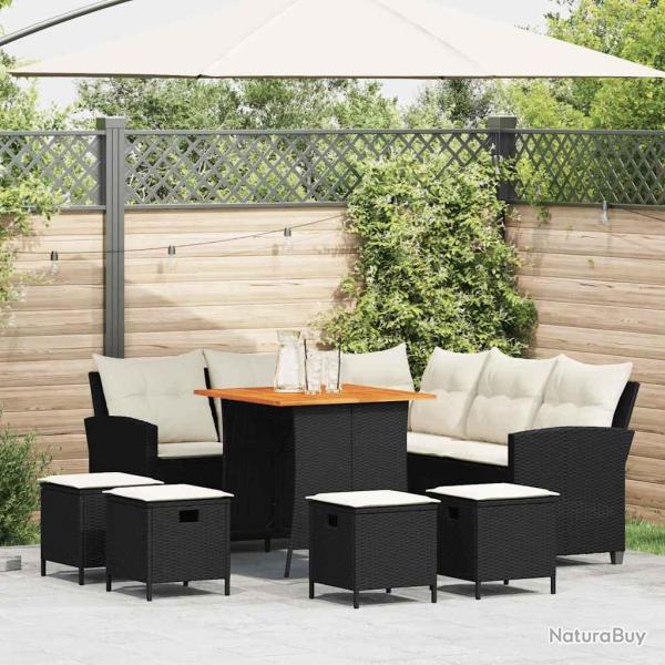 Ensemble de canap� de 6 pcs avec coussins en forme de L noir r�sine tress�e