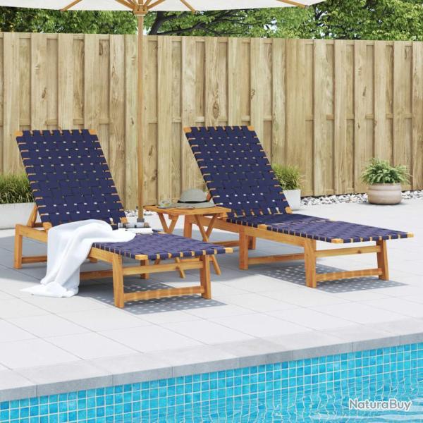 Chaises longues, lot de 2, avec table, en bois massif d'acacia bleu fonc�, pour la terrasse