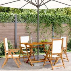 Fauteuils pliants inclinables, 4 pi&egrave;ces, en tissu blanc cr&egrave;me et bois massif pour la terrasse