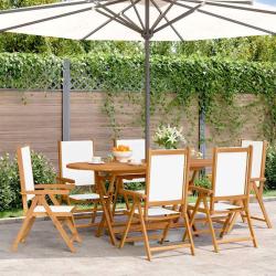 Fauteuils pliants inclinables, 6 pi&egrave;ces, en tissu blanc cr&egrave;me et bois massif pour la terrasse