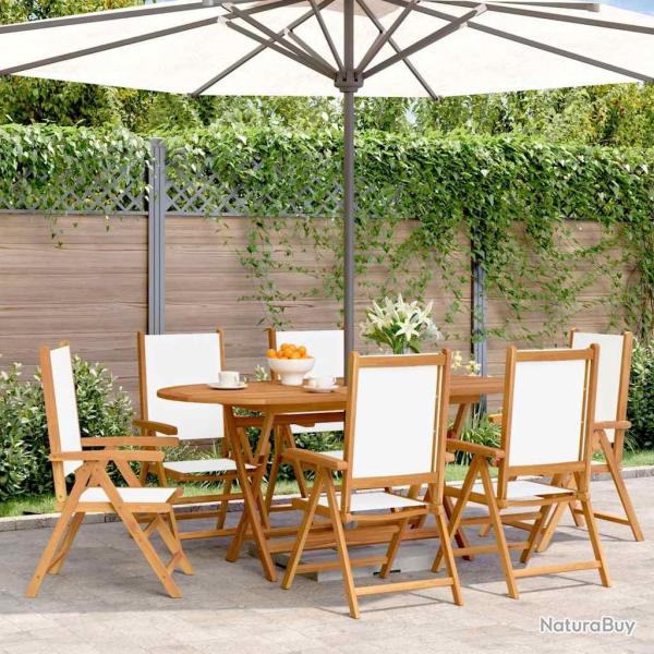 Fauteuils pliants inclinables, 6 pi�ces, en tissu blanc cr�me et bois massif pour la terrasse